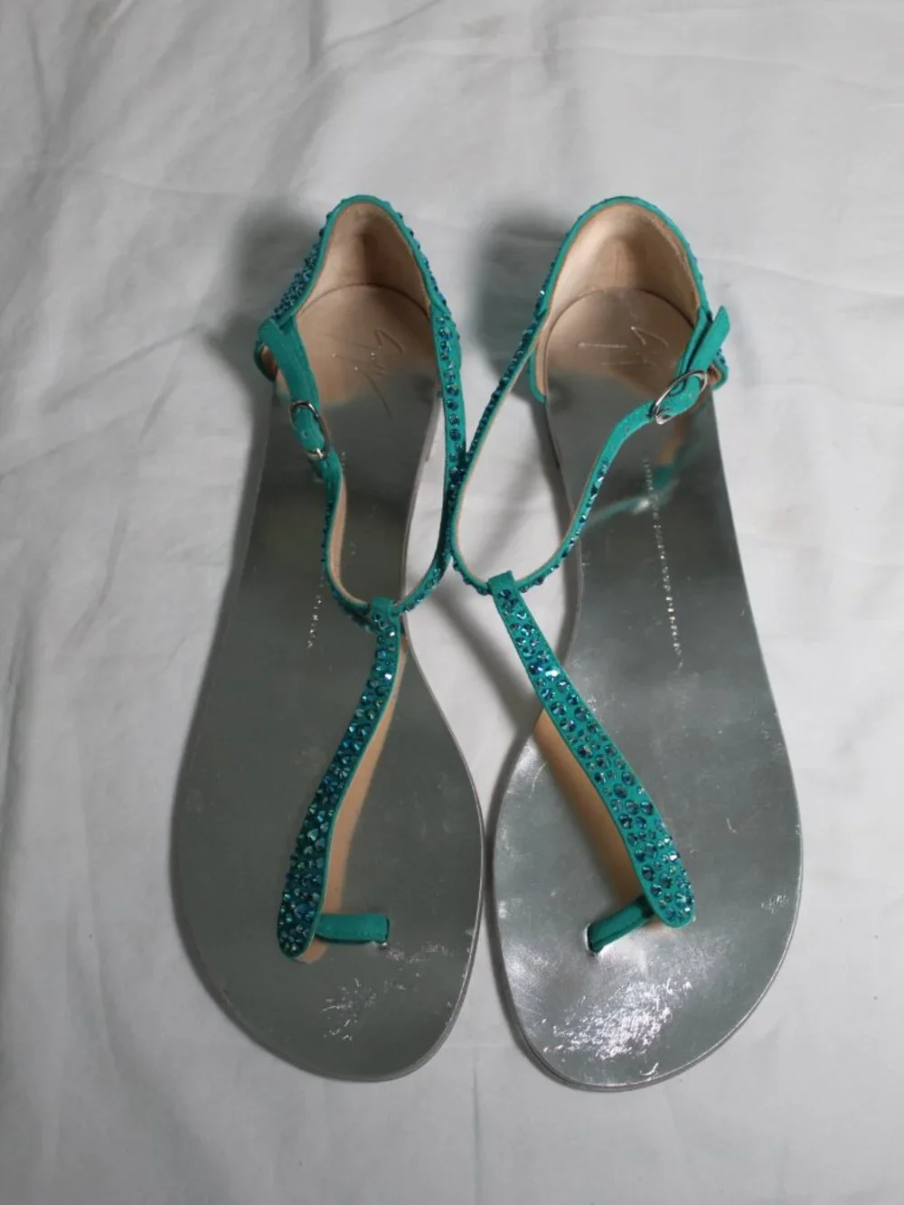Giuseppe Zanotti Turquoise Suede Crystal Embellished T-Strap Flats Sandals 41